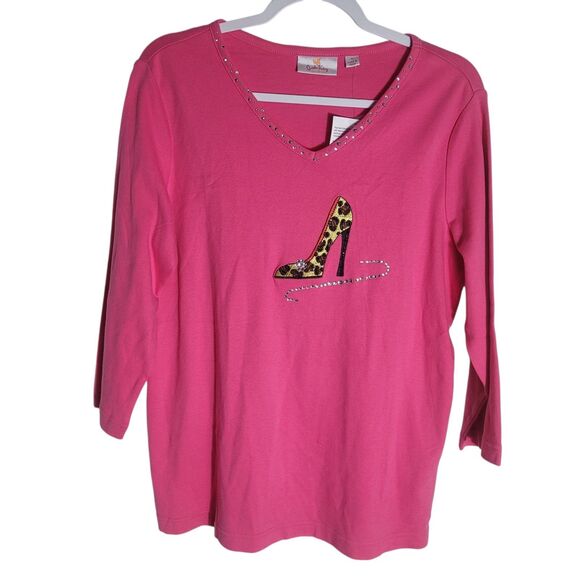 Quacker Factory Rhinestone Long Sleeve Top Womens Medium Pink Leopard Heel Print - Picture 1 of 10